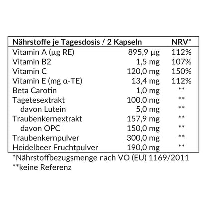 Nährstofftabelle des Augenkomplexes mit Lutein und OPC